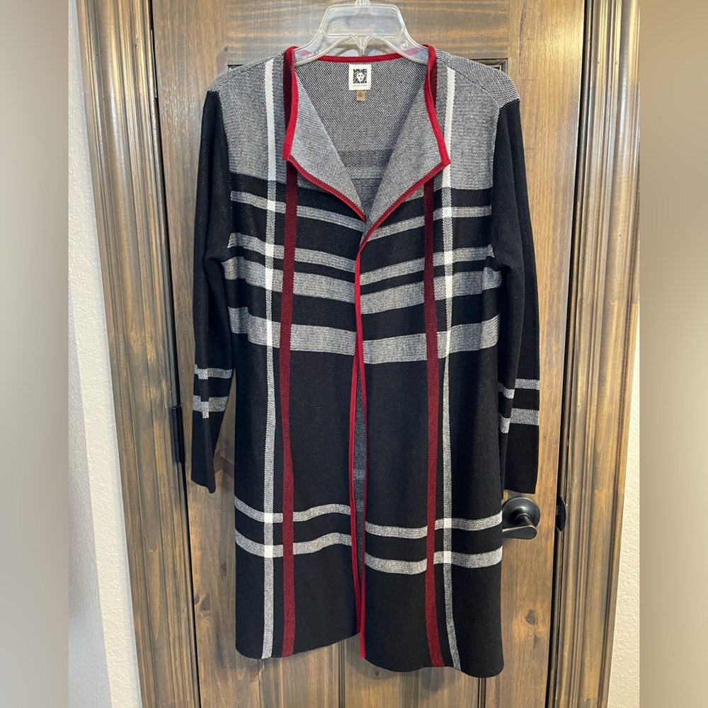 Anne Klein Cardigan Sweater Longline Black Grey Burgundy Plaid Misses Size S